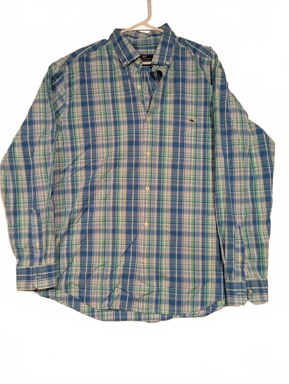 Vineyard Vines Classic Fit Tucker Green Blue Plaid Stretch Shirt Mens XL